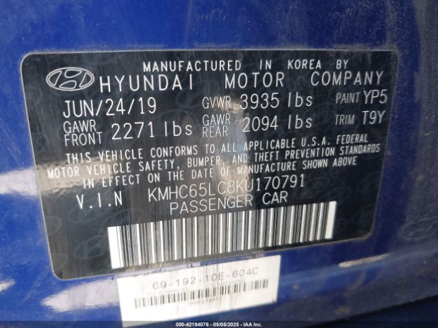 KMHC65LC8KU170791 Hyundai Ioniq Hybrid Blue