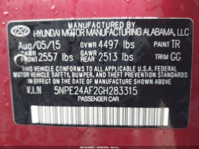 5NPE24AF2GH283315 Hyundai SONATA SE