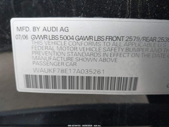 2007 AUDI A4 WAUKF78E17A035261 Photo 8