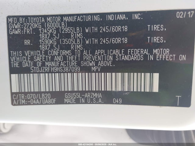 5TDJZRFH9HS387099 Toyota Highlander Xle