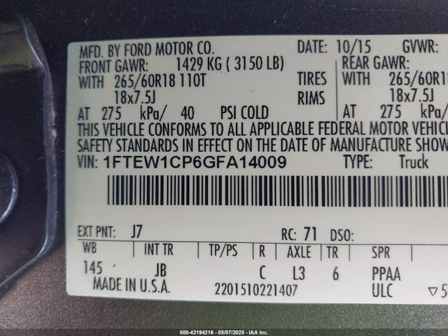 1FTEW1CP6GFA14009 Ford F-150 Xlt