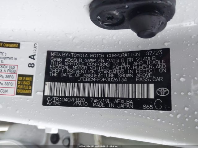 JTDBCMFE2P3026134 Toyota Corolla Hybrid Le
