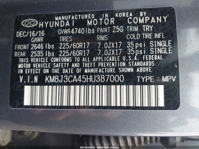 KM8J3CA45HU387000 Hyundai TUCSON SE