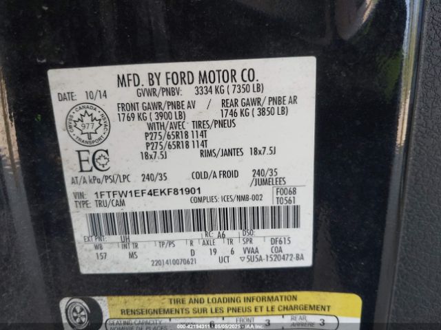 1FTFW1EF4EKF81901 Ford F-150 Xlt