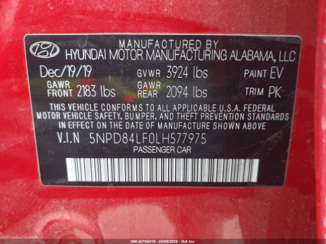 5NPD84LF0LH577975 Hyundai mpi nu