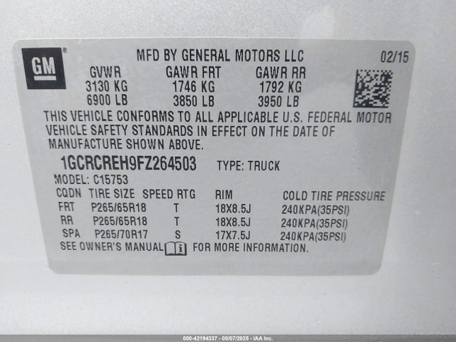 1GCRCREH9FZ264503 Chevrolet Silverado 1500 1lt