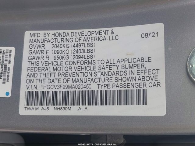 1HGCV3F99MA020450 Honda Accord Hybrid Touring
