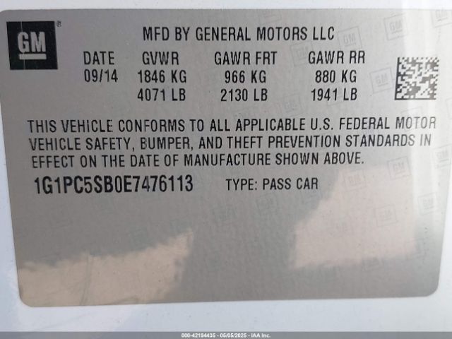 1G1PC5SB0E7476113 Chevrolet Cruze 1lt Auto