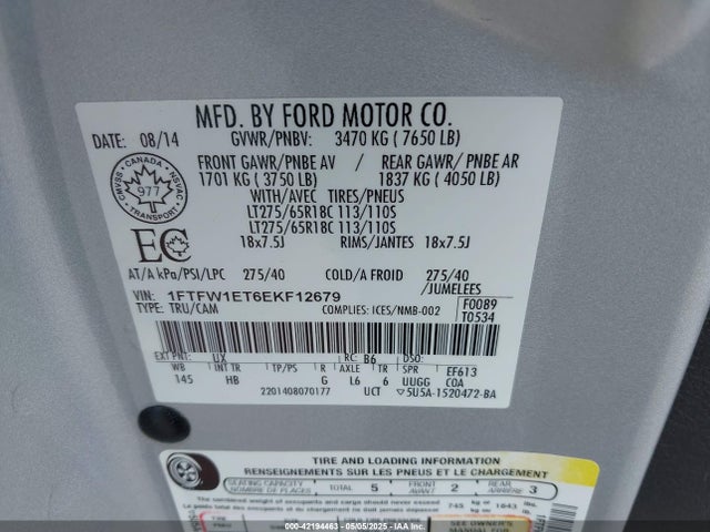 1FTFW1ET6EKF12679 Ford F-150 Lariat