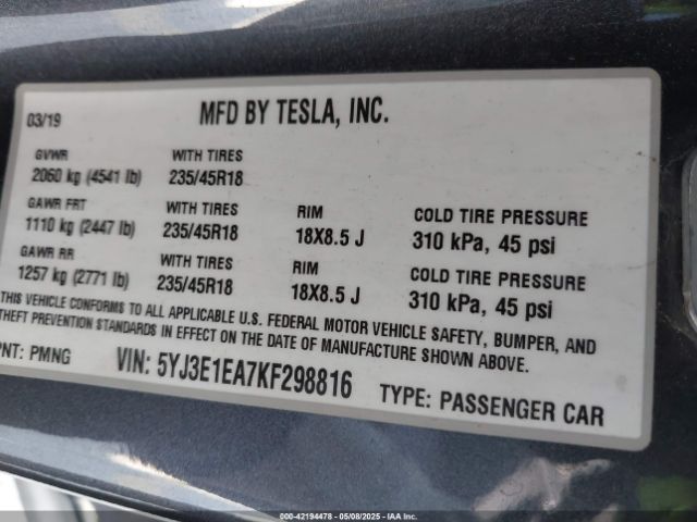 5YJ3E1EA7KF298816 Tesla Model 3 Long Range/mid Range/standard Range/standard Range Plus