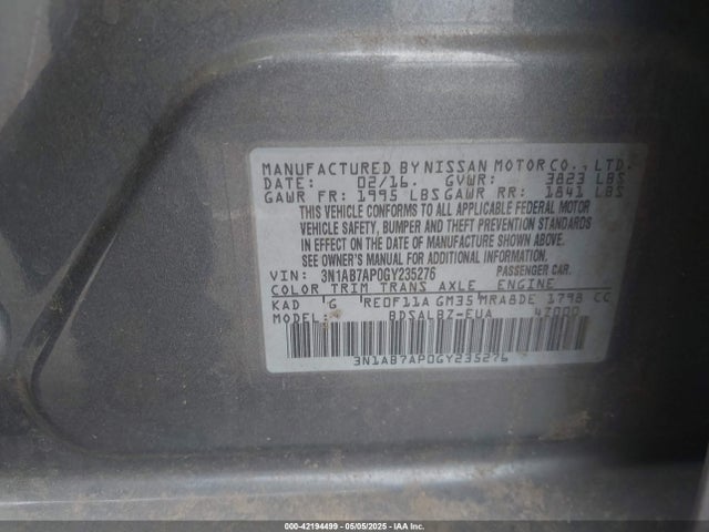 3N1AB7AP0GY235276 Nissan Sentra Fe+ S/s/sl/sr/sv