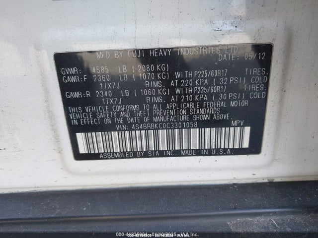 Продажа на аукционе авто 2012 Subaru Outback 2.5i Limited, vin: 4S4BRBKC0C3301058, номер лота: 42194509