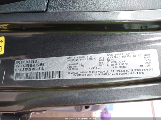 1C6JJTEG8NL182360 Jeep Gladiator