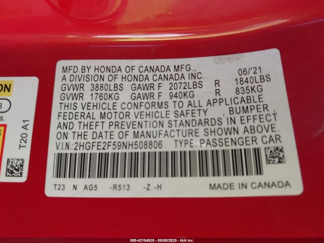 2022 HONDA CIVIC 2HGFE2F59NH508806 Photo 8