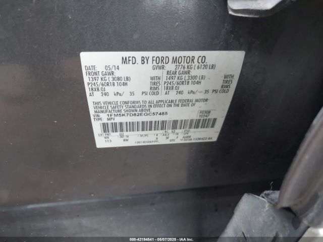 1FM5K7D82EGC57485 Ford EXPLORER XLT