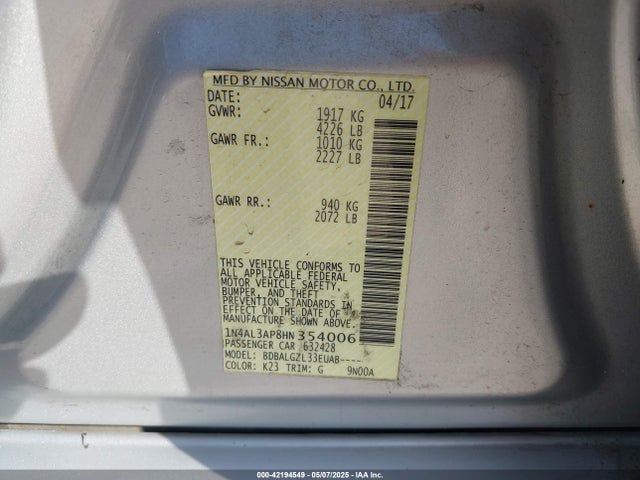 1N4AL3AP8HN354006 Nissan Altima 2.5 S