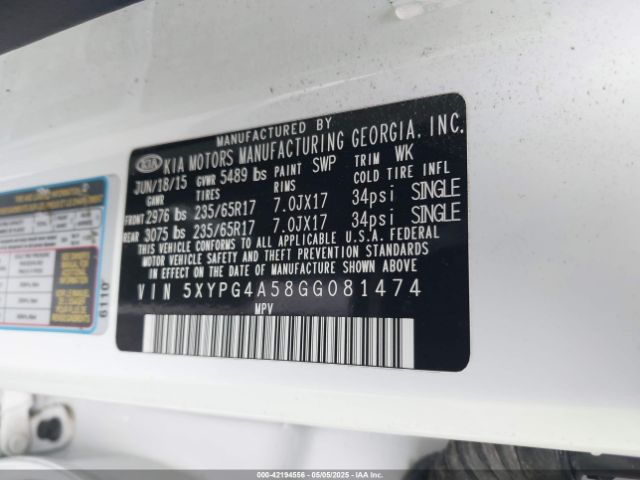 5XYPG4A58GG081474 KIA Sorento 3.3l Lx