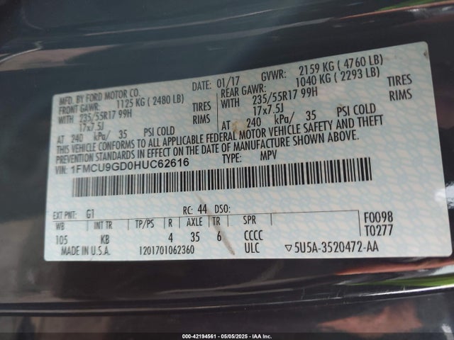 1FMCU9GD0HUC62616 Ford ESCAPE SE