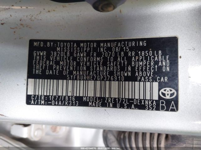 5YFBURHE7GP376910 Toyota COROLLA LE