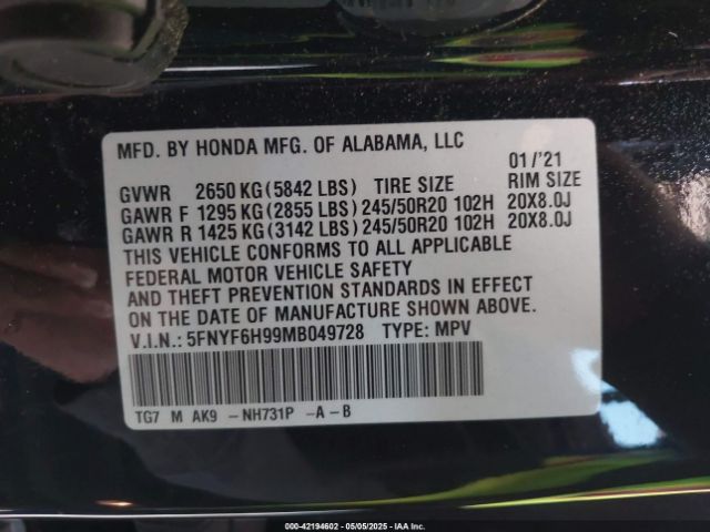 5FNYF6H99MB049728 Honda Pilot Awd Touring 8 Passenger