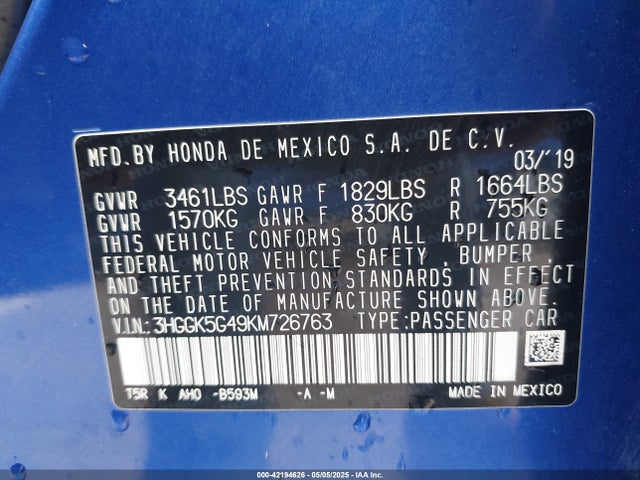 3HGGK5G49KM726763 Honda FIT LX