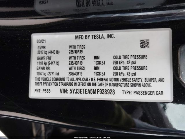 5YJ3E1EA5MF938928 Tesla Model 3 Standard Range Plus Rear-wheel Drive