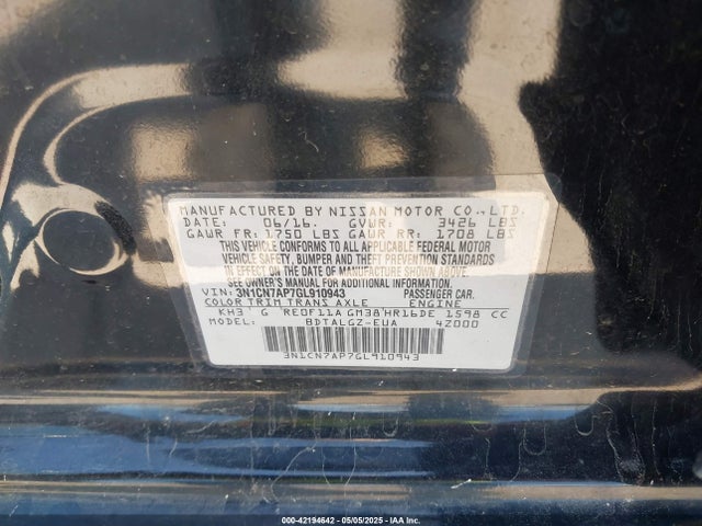 3N1CN7AP7GL910943 Nissan Versa 1.6 Sl