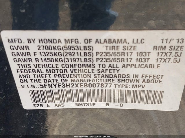 Honda PILOT LX 2014 5FNYF3H2XEB007877 Image 9