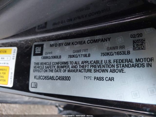 KL8CD6SA6LC459300 Chevrolet Spark Fwd 1lt Automatic
