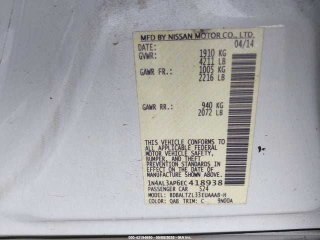 1N4AL3AP6EC418938 Nissan Altima 2.5 Sv