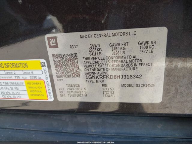 1GNKRFKD8HJ316342 Chevrolet Traverse Ls
