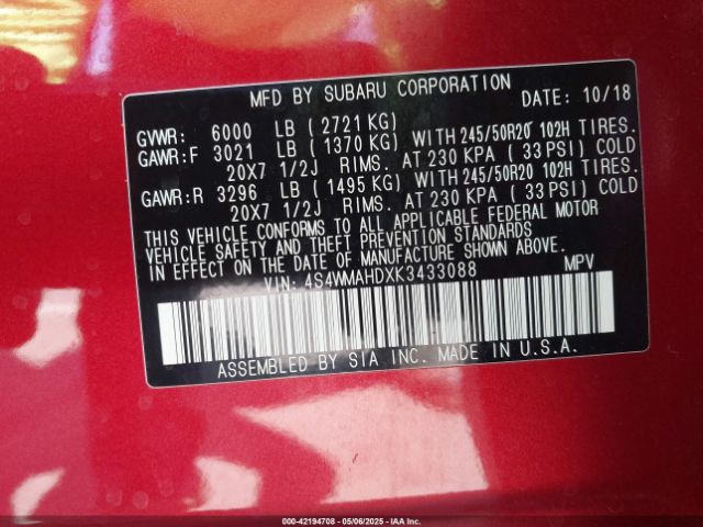 4S4WMAHDXK3433088 Subaru Ascent Premium