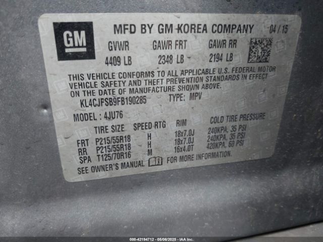 KL4CJFSB9FB190285 Buick Encore Convenience