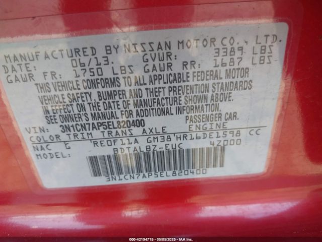 3N1CN7AP5EL820400 Nissan Versa 1.6 Sv