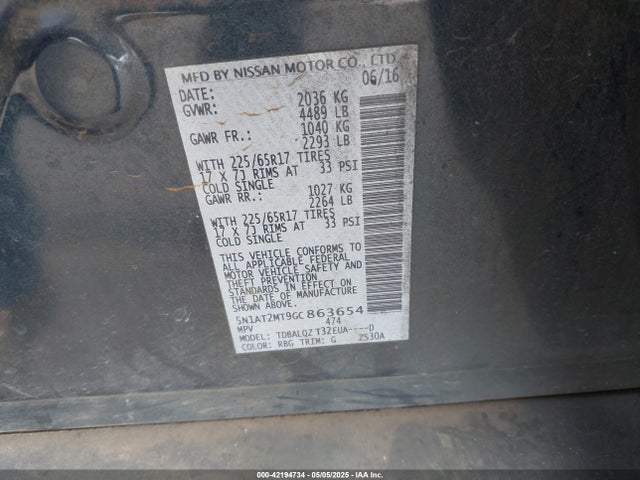 5N1AT2MT9GC863654 Nissan 2016