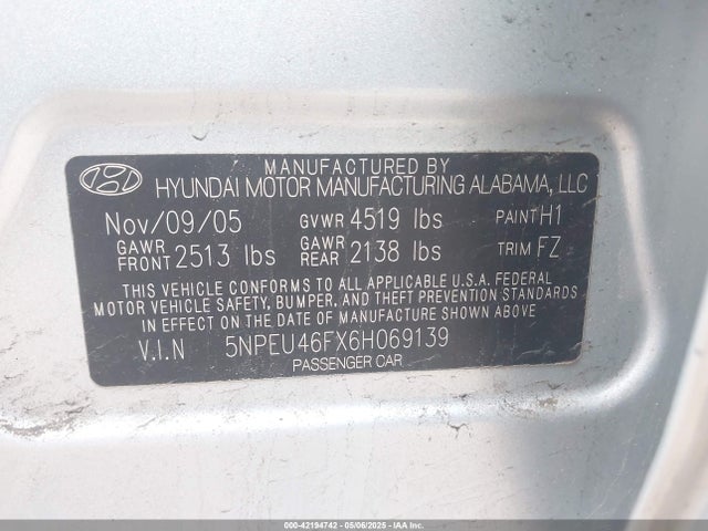 Aukcja sprzedaży 2006 Hyundai Sonata Gls V6/lx V6, vin: 5NPEU46FX6H069139, numer aukcji: 42194742
