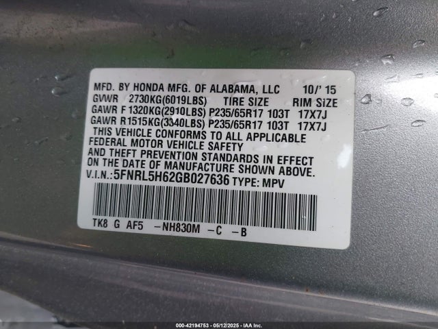 5FNRL5H62GB027636 Honda Odyssey Ex-l