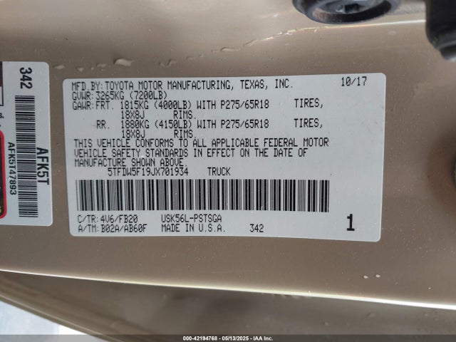 5TFDW5F19JX701934 Toyota 3ur-fbe