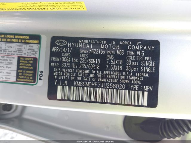 KM8SMDHF7JU258020 Hyundai Santa Fe Se