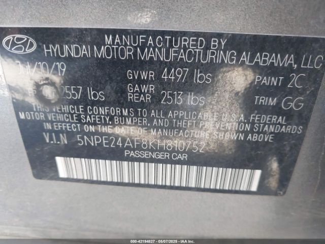 2019 HYUNDAI SONATA 5NPE24AF8KH810752 Photo 8