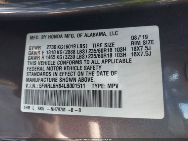 5FNRL6H84LB001511 Honda Odyssey Touring