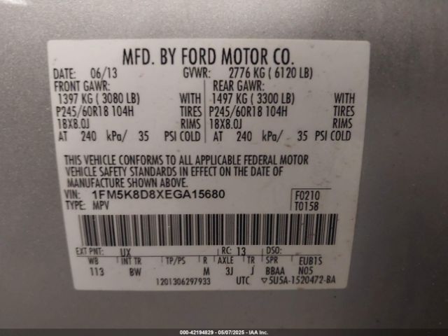 1FM5K8D8XEGA15680 Ford EXPLORER XLT