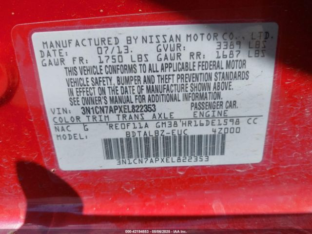 3N1CN7APXEL822353 Nissan Versa 1.6 Sv