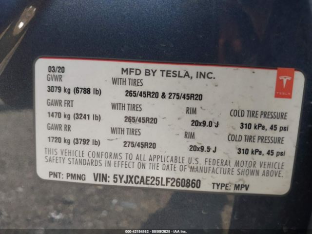 5YJXCAE25LF260860 Tesla Model X Long Range Dual Motor All-wheel Drive/long Range Plus Dual Motor All-wheel Drive