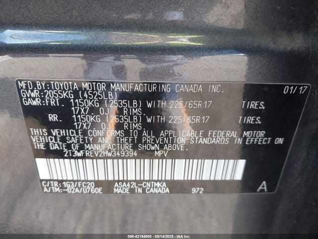 2T3WFREV2HW349394 Toyota Rav4 Xle