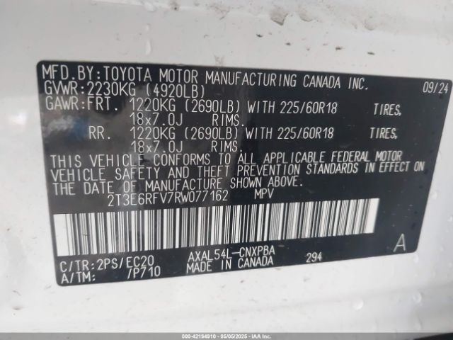 2T3E6RFV7RW077162 Toyota Rav4 Hybrid Xse