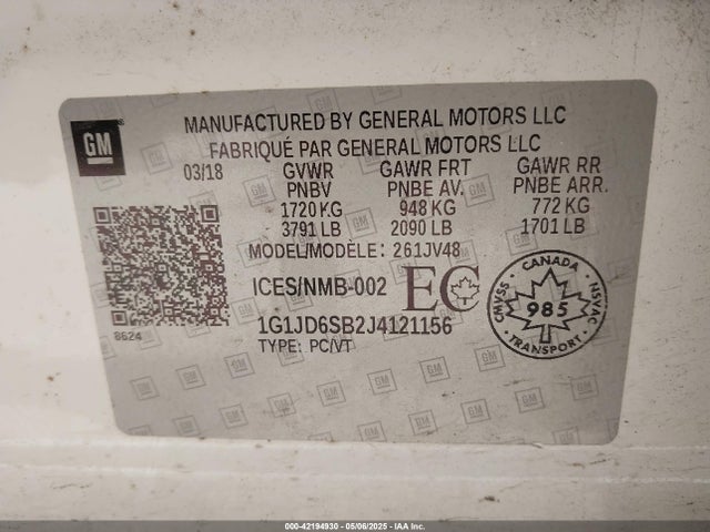 1G1JD6SB2J4121156 Chevrolet Sonic Lt Auto