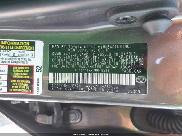 4T1B11HK4JU646584 Toyota CAMRY SE