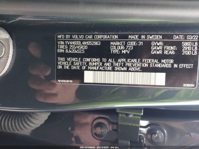 YV4H60DL4N1052963 Volvo Xc60 Recharge Plug-in Hybrid T8 Inscription Extended Range