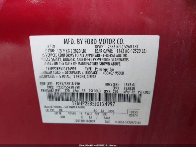 1FAHP2E85JG124997 Ford TAURUS SEL
